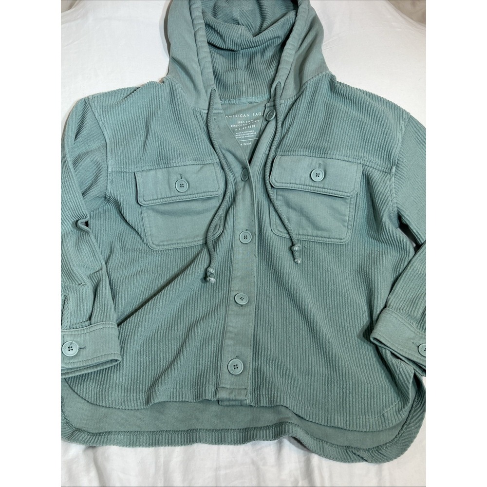 American Eagle Sage Green Corduroy Button Down Hoodie Shacket Womens Medium